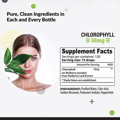 OEM / ODM Chlorophyll Liquid Tetes Untuk Air Peppermint Flavoured Untuk Kesehatan Kulit Dukungan Kekebalan Tubuh Suplemen Energi